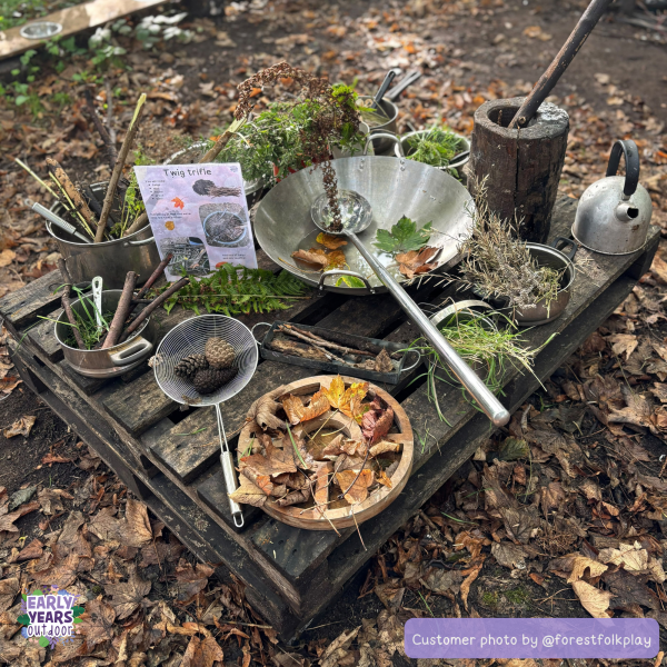 Autumn mud kitchen recipes set up