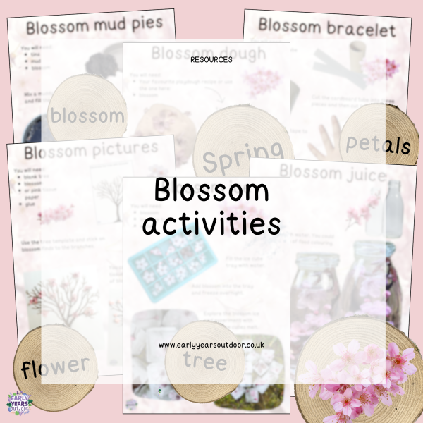 Blossom themed nature activities and key words on logs