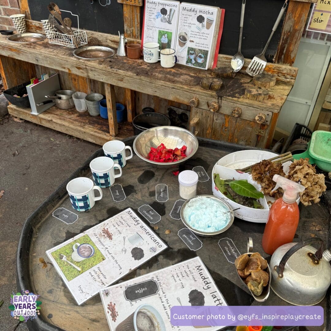 Muddy coffee shop Muddy coffee shop recipes set up in the mud kitchen with nature, bowls, and tea set