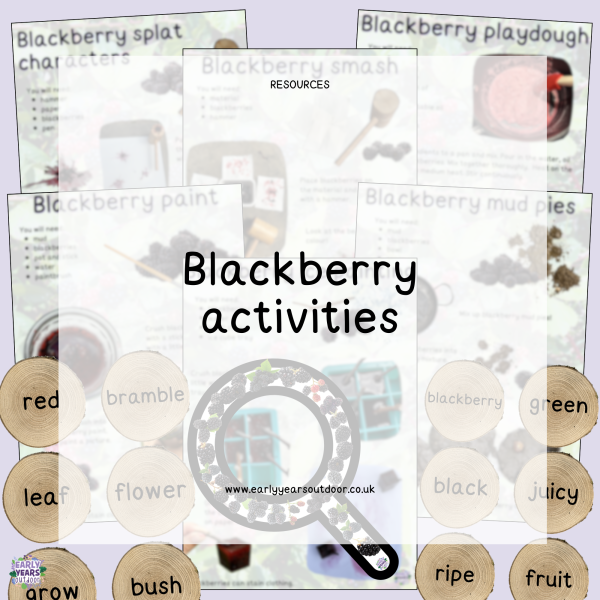 Blackberry nature activities, blackberry magnifier and vocabulary on logs