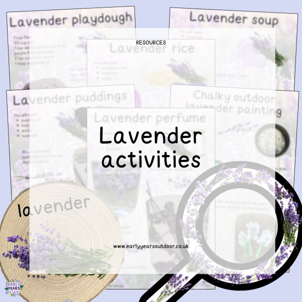 Lavender themed nature activities, magnifier and log slice