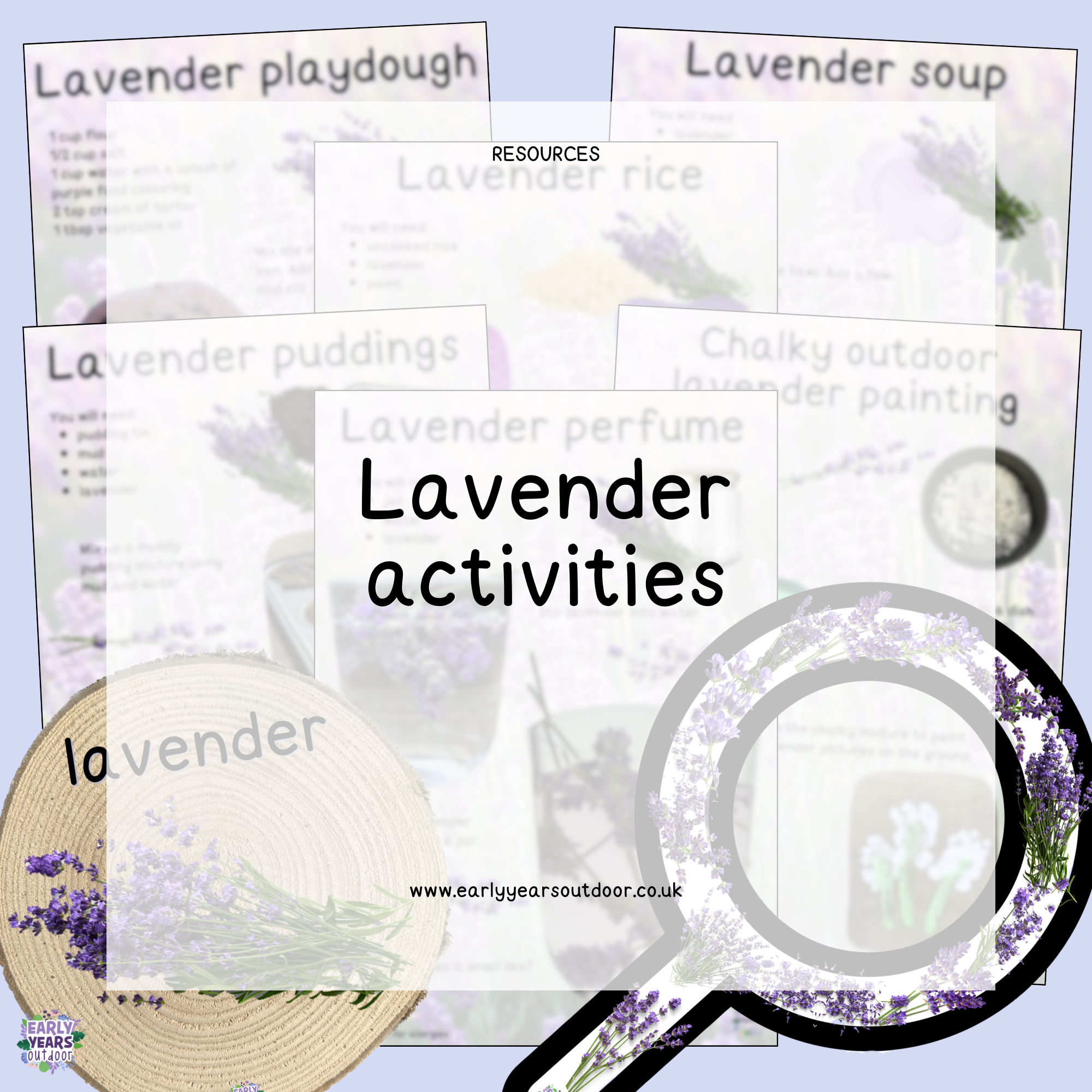 Lavender activities Lavender themed nature activities, magnifier and log slice