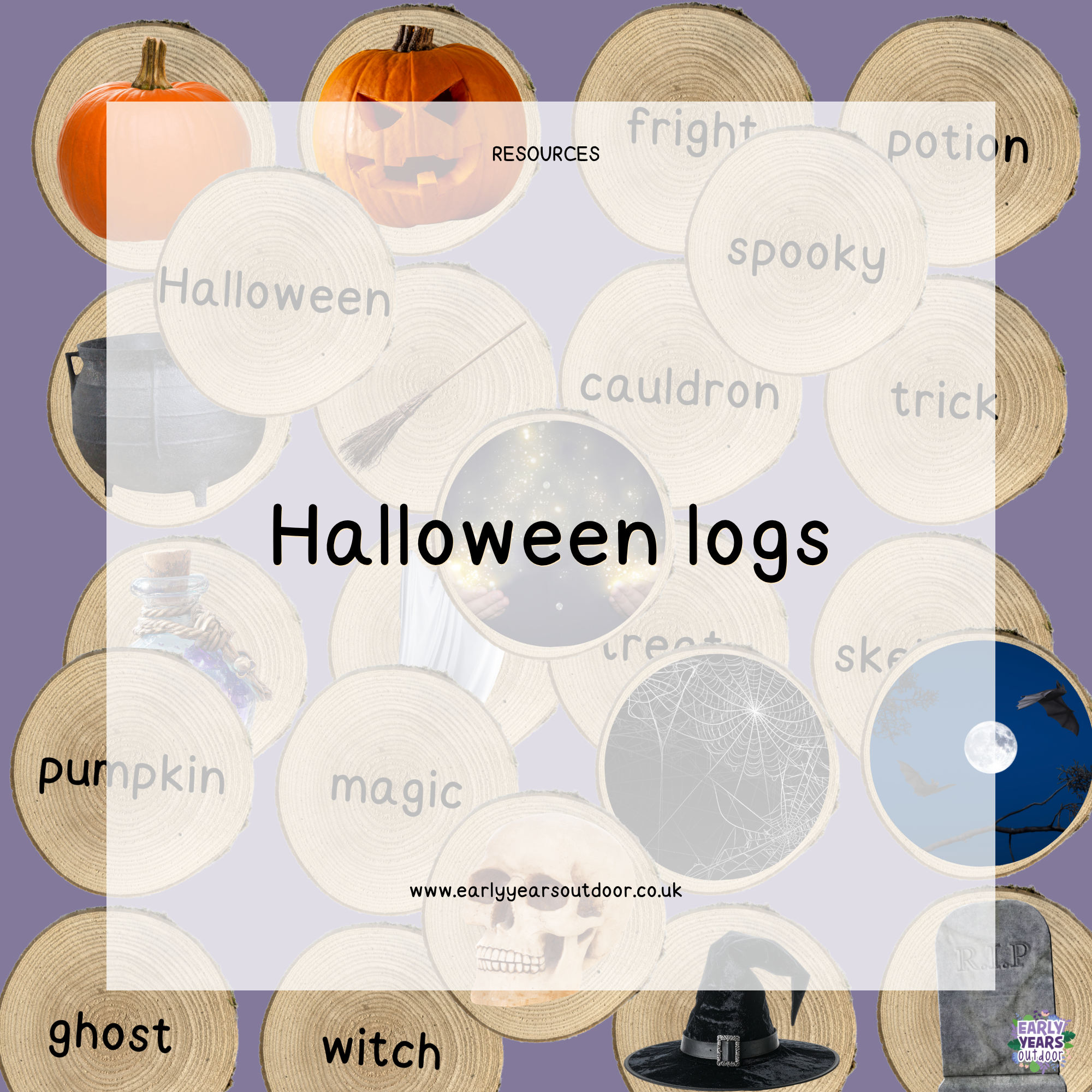 Halloween images and vocabulary on logs