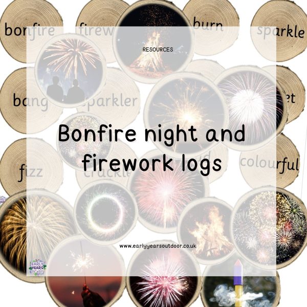 Bonfire night and firework images on logs