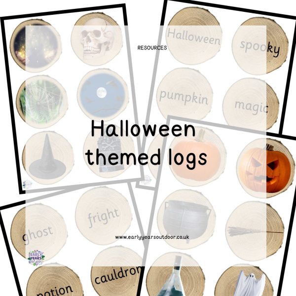 Halloween images and vocabulary on logs