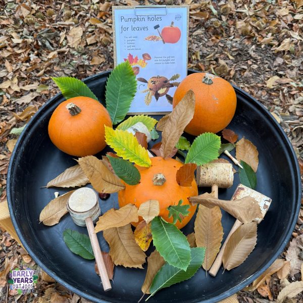 Pumpkin holes for leaves activity set up, with pumpkins, leaves and wooden mallets