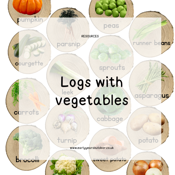 A set of logs featuring vegetable images and the word