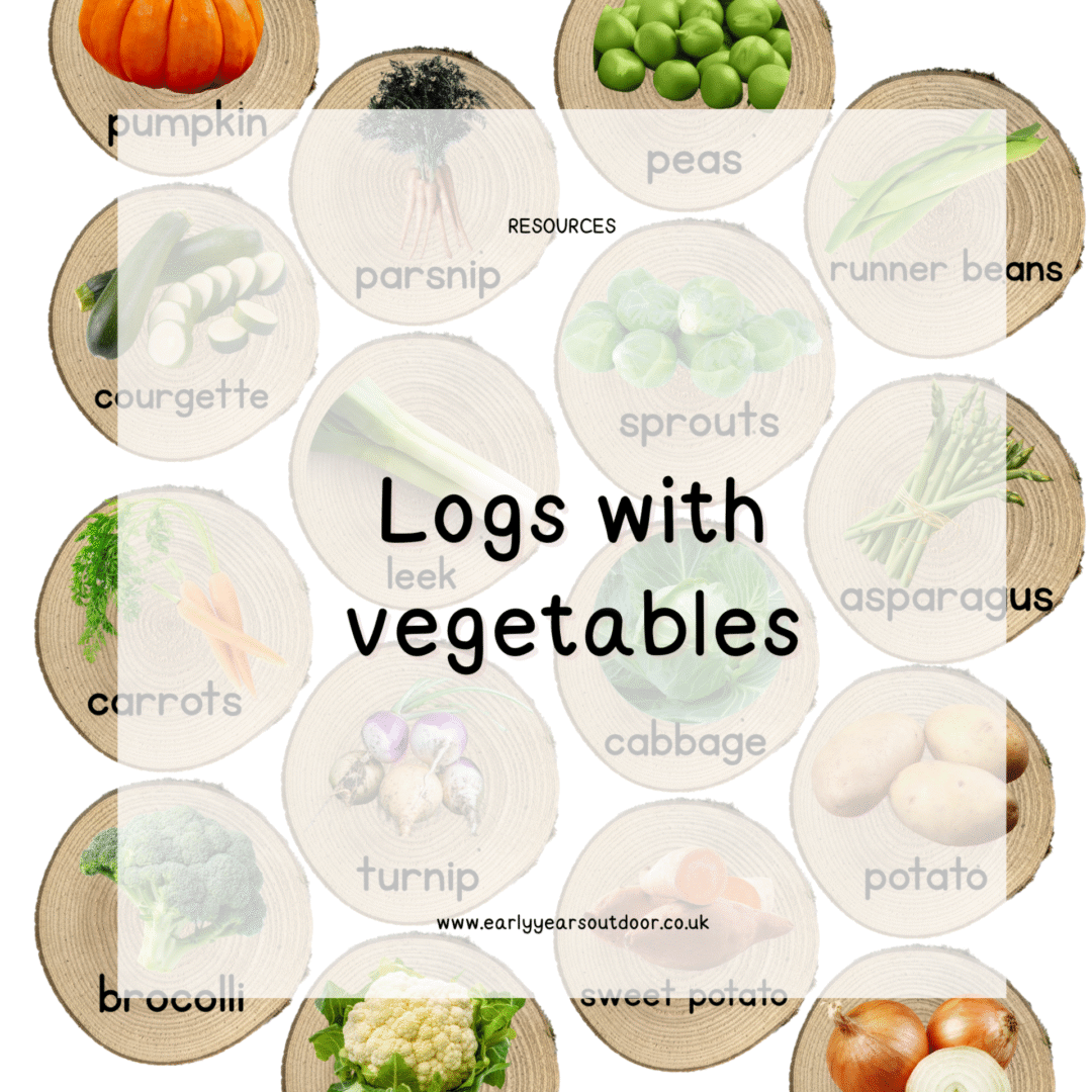 A set of logs featuring vegetable images and the word