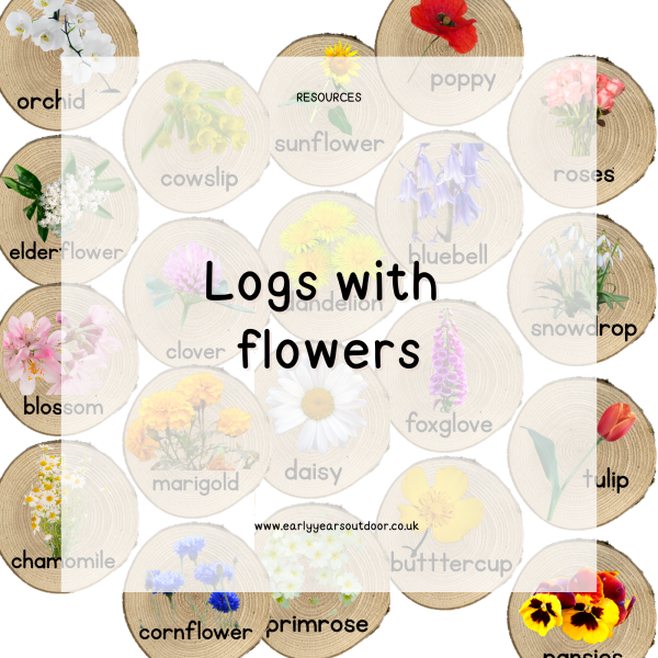 Logs with flower images on and the word