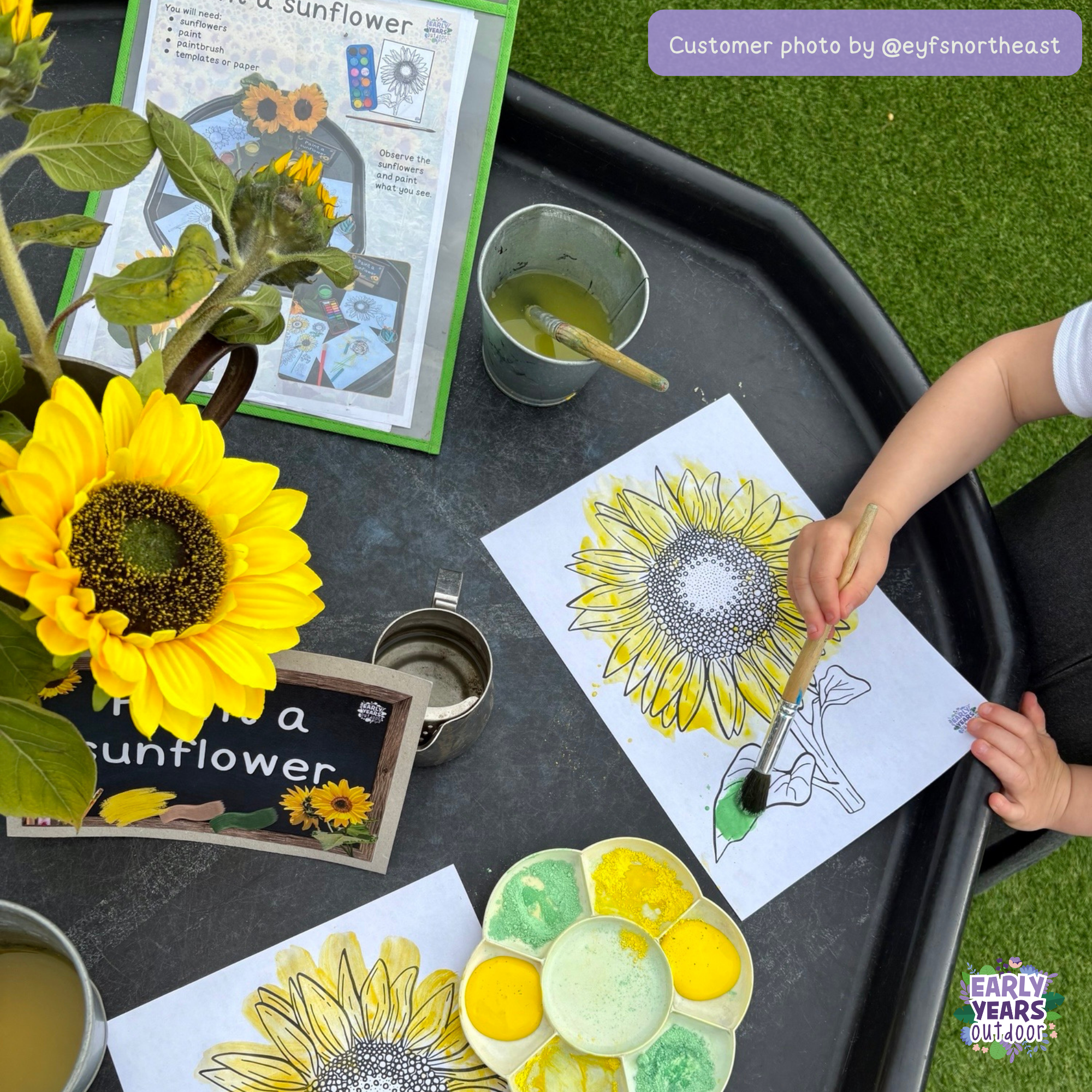 Sunflower activities Paint a sunflower tuff tray with sign, sunflowers, paint and the sheets
