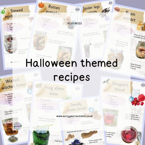 Halloween inspired mud kitchen and outdoor recipes