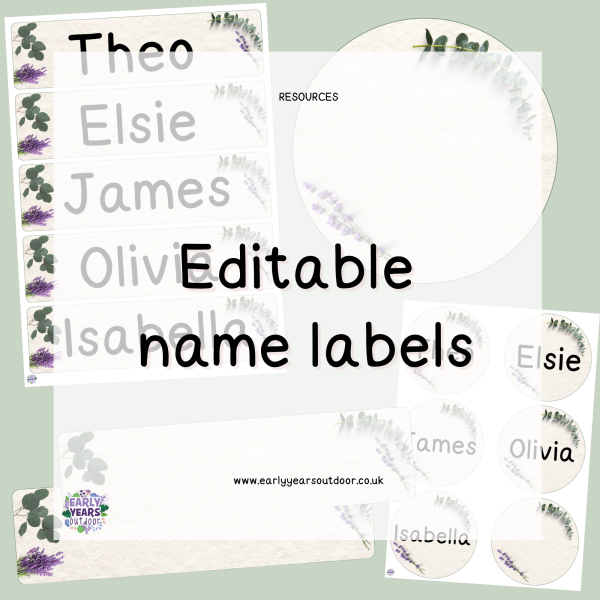 Editable name labels with eucalyptus and lavender