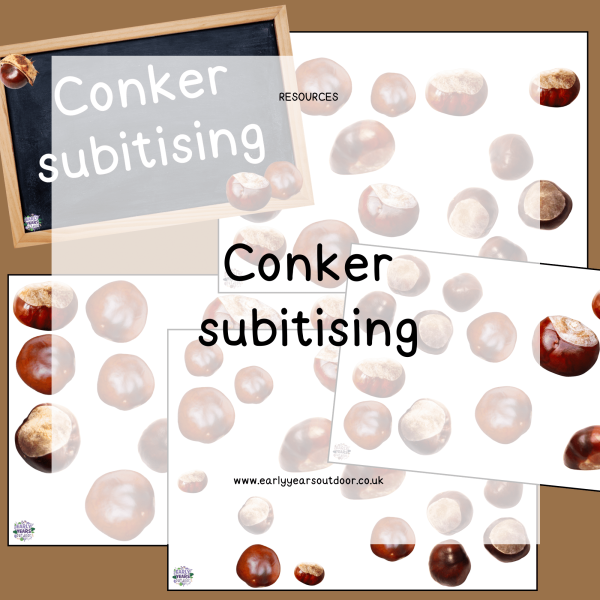 Images of conkers for subitising and a sign on a blackboard saying conker subitising