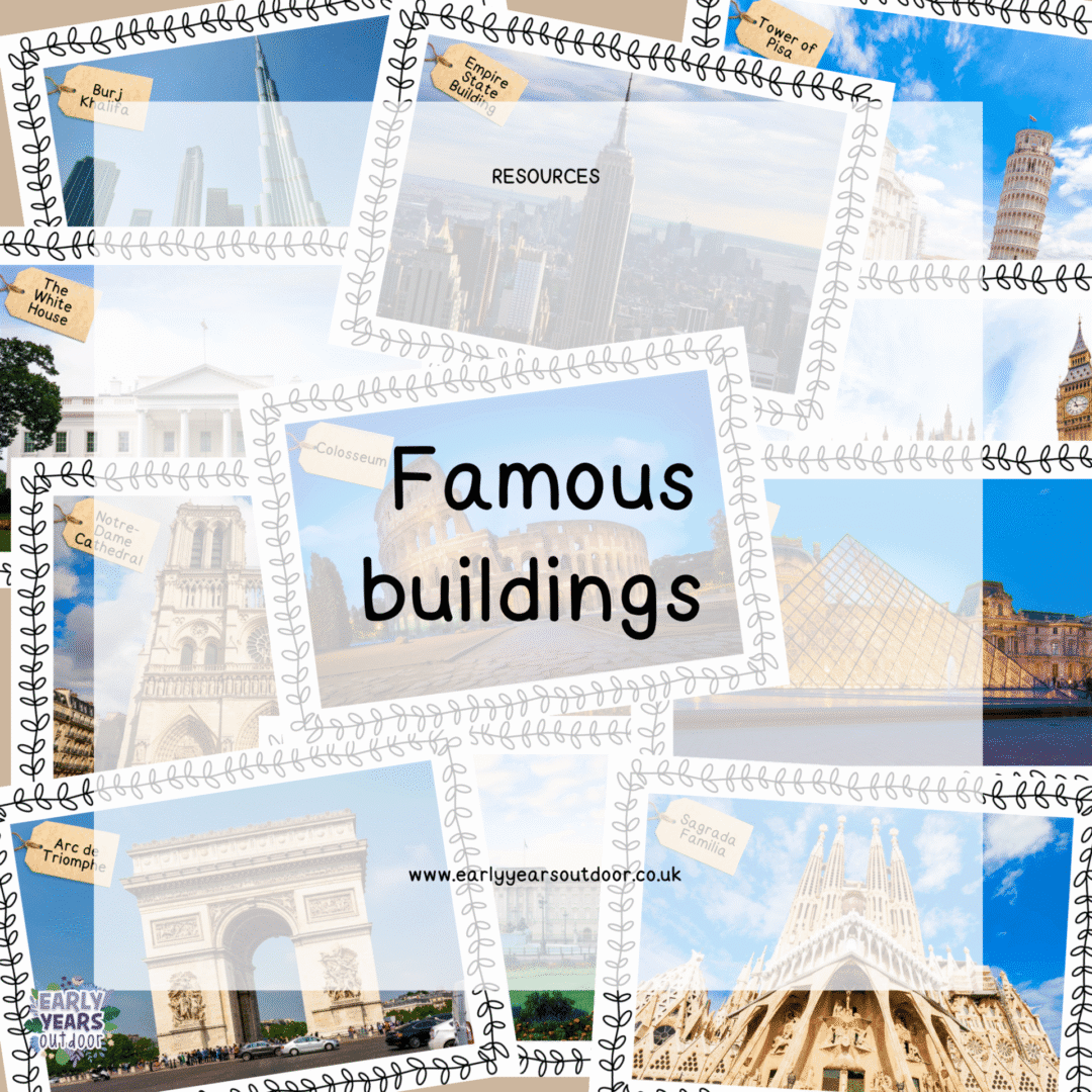 images of famous buildings with a border and their name on a tag