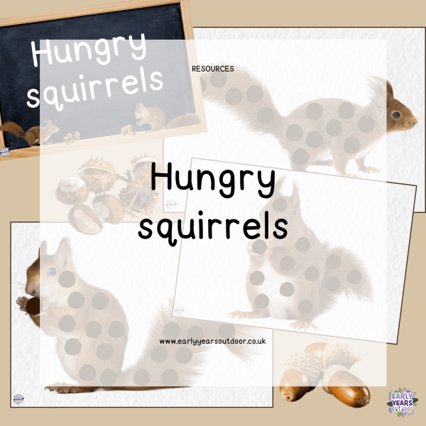 Squirrels with spots and a chalkboard sign saying hungry squirrels
