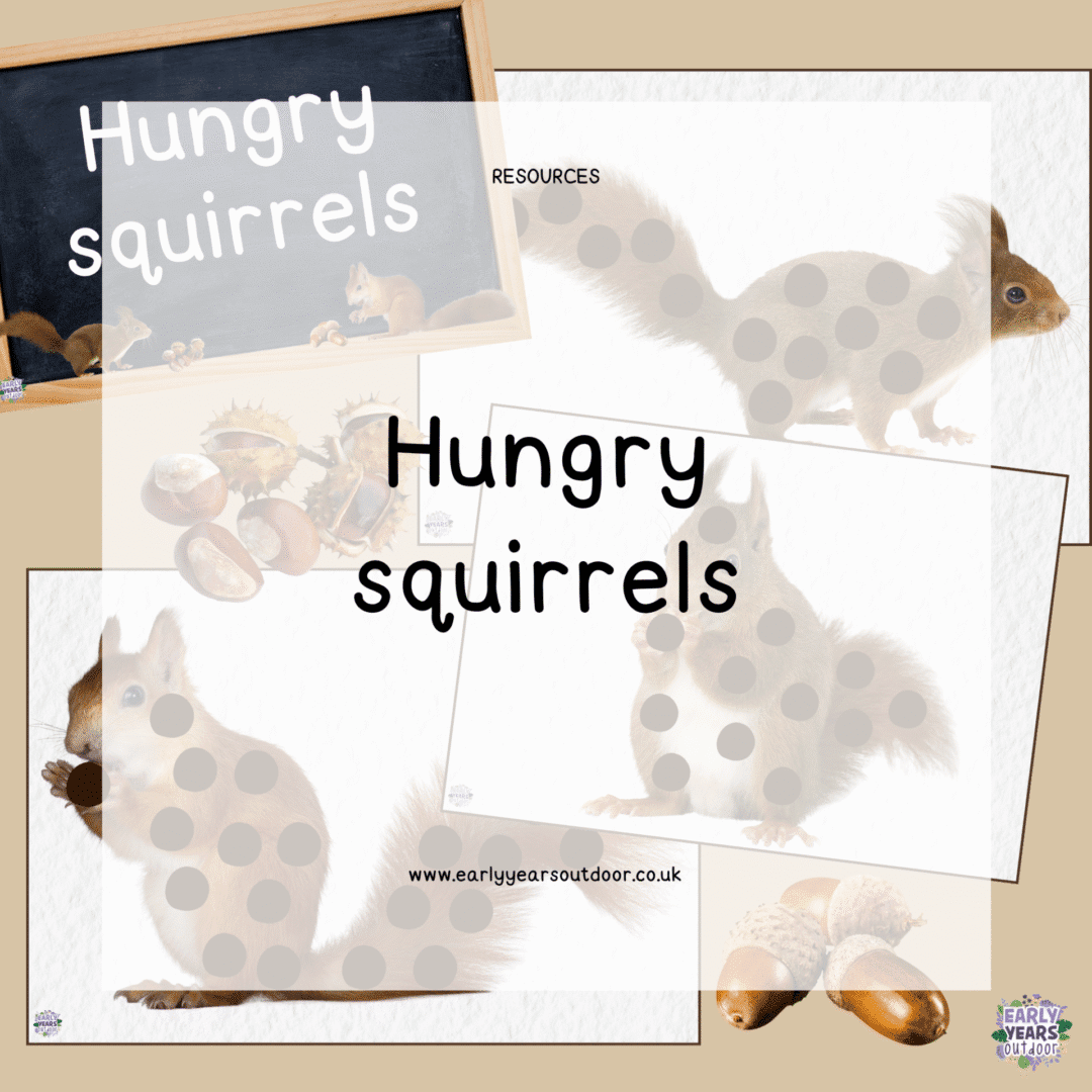 Squirrels with spots and a chalkboard sign saying hungry squirrels