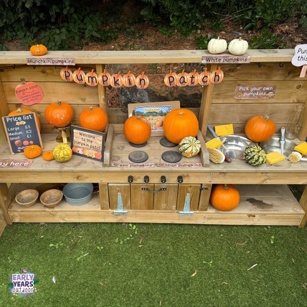 Pumpkin patch mud kitchen with signs, labels, pumpkins, baskets, bowls, sponges, brushes and a till