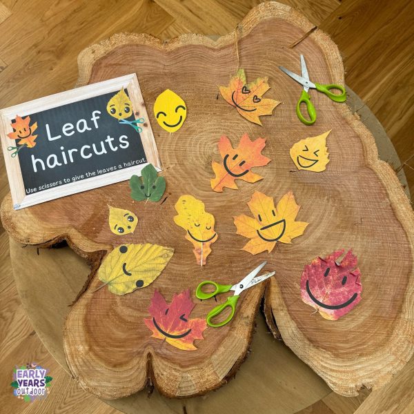 Leaf haircuts activity set up on a large piece of wood with a sign, scissors and leaves