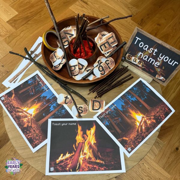 Toast your name activity with a bowl of large sticks, printed marshmallows with letters and ribbon