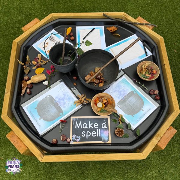 Make a spell tuff tray set up with the resource, cauldrons with twigs, loose parts, nature and pens