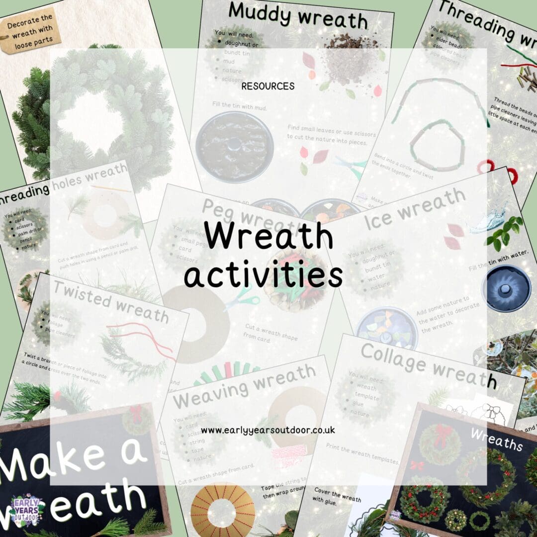 Nature themed wreath activities, a sign and labels