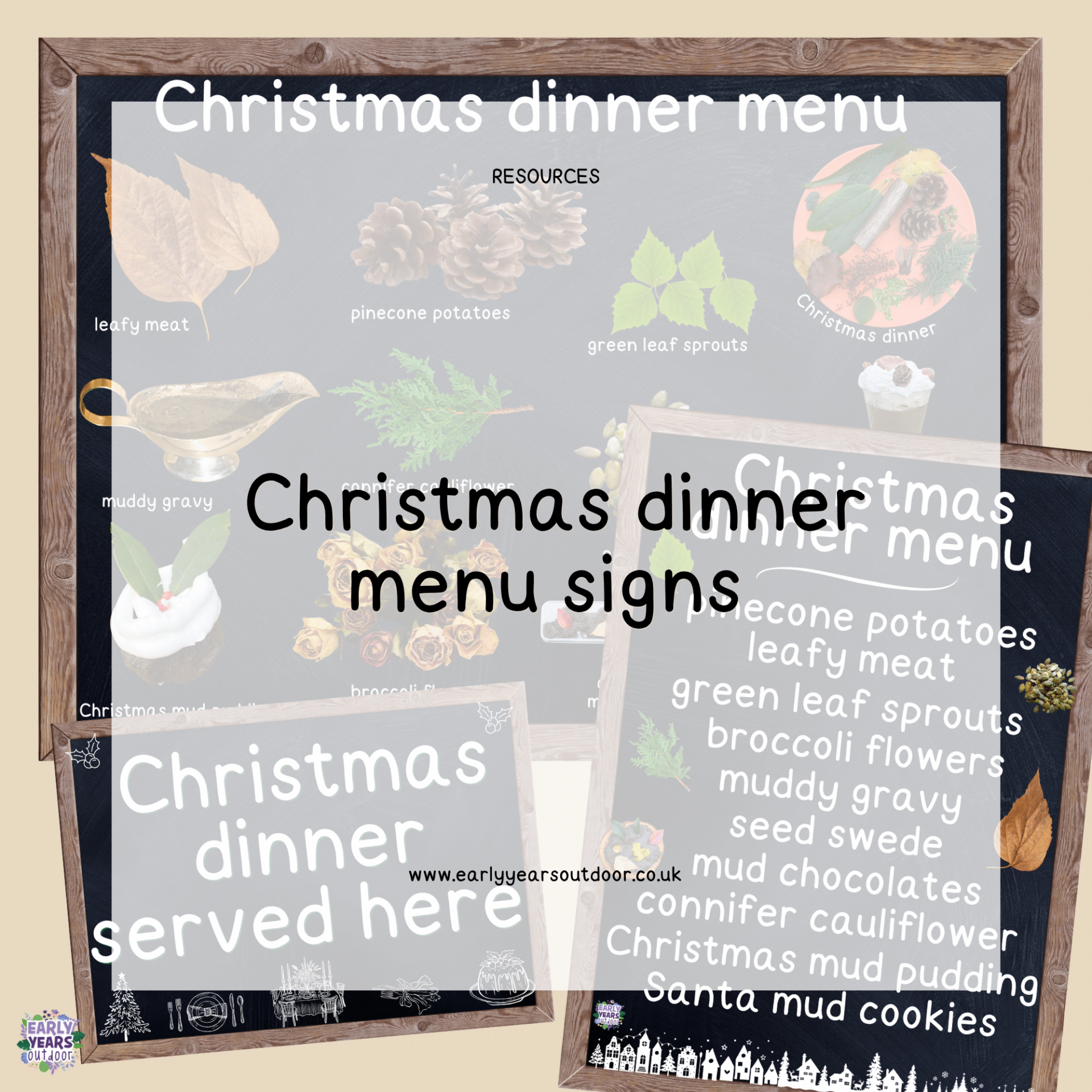 Christmas dinner menu signs with a nature theme