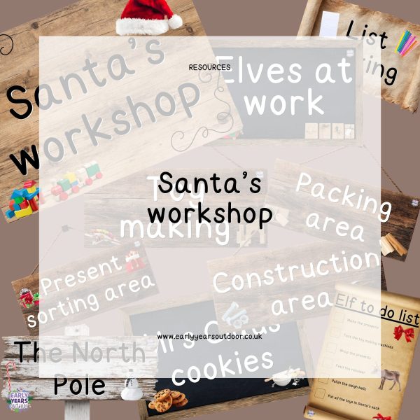 Santa's workshop images and signs.