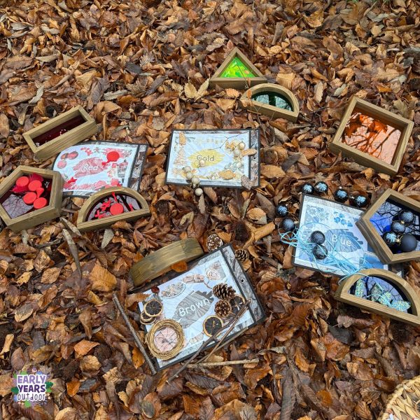 Christmas colour mats in the woods, with coloured bricks, loose parts, ribbon and nature