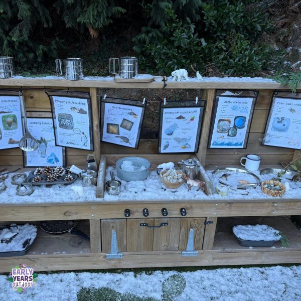 Mud kitchen with polar mud kitchen recipes, snow, bowls of pinecones, ice, pebbles, twigs and leaves, polar animals, tins and jars