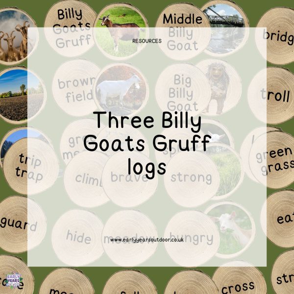 The Three Billy Goats Gruff images and vocabulary on log slices