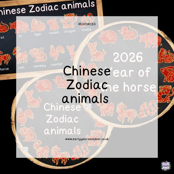 Chinese zodiac animals on logs and a blackboard