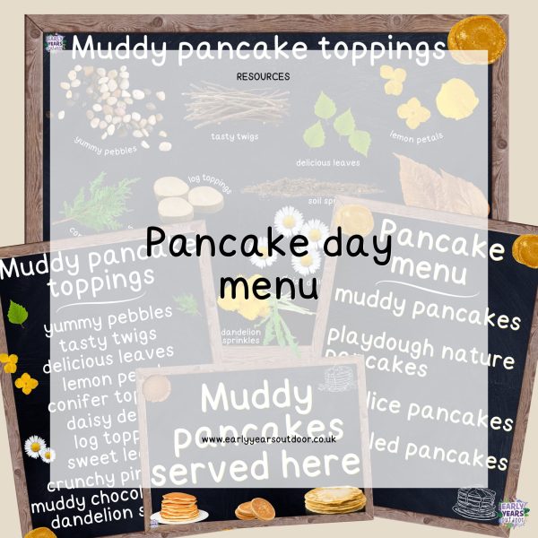 Pancake day menu and signs for the mud kitchen or outdoor play