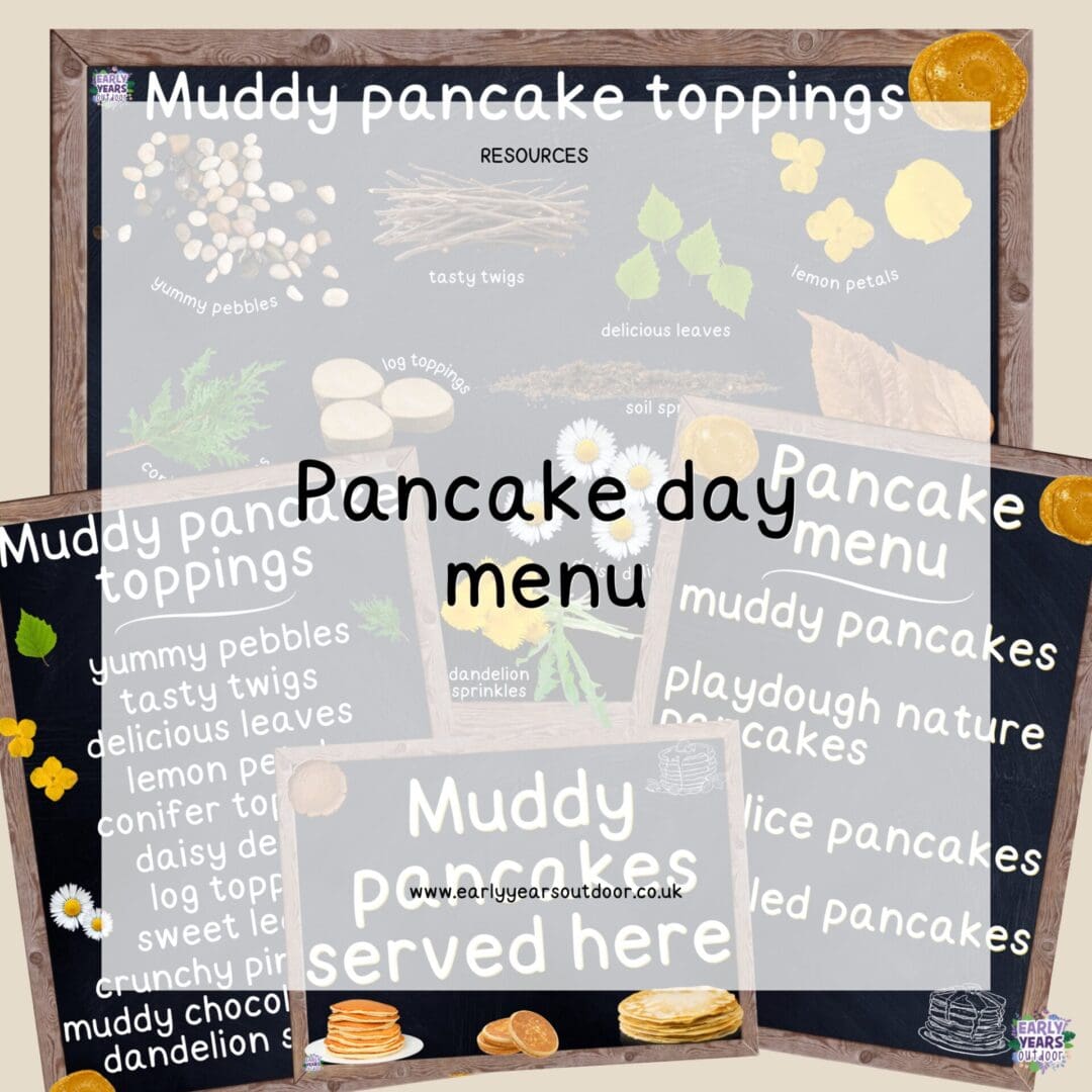 Pancake day menu and signs for the mud kitchen or outdoor play