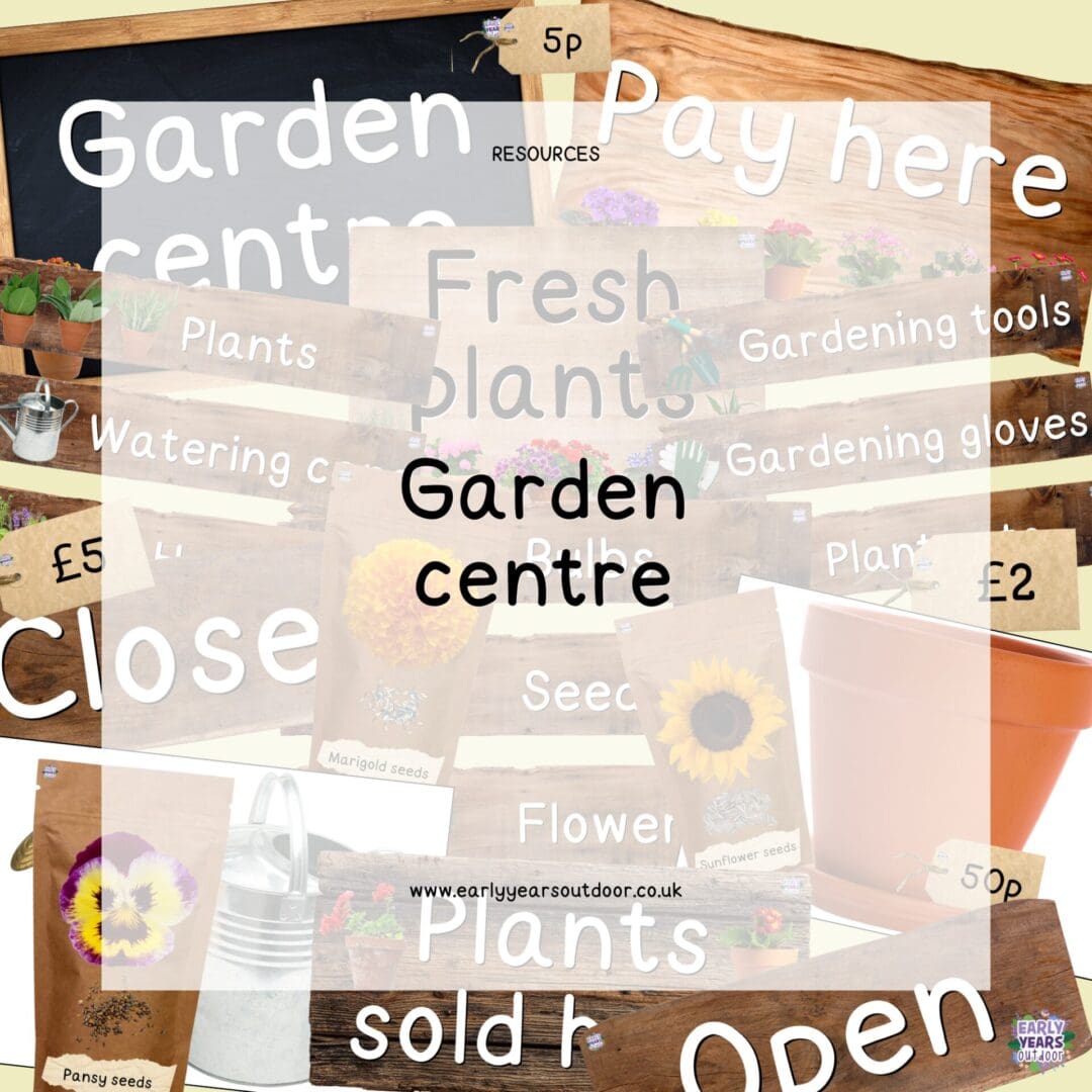 Garden centre role play with signs, labels, seed packets, and images to cut out