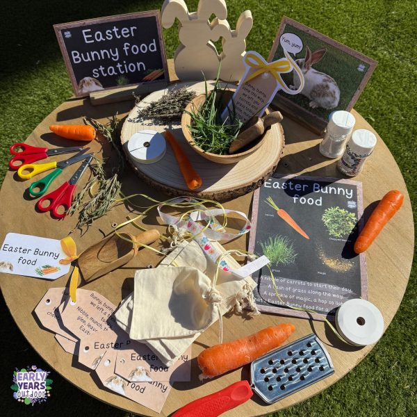 Easter bunny food activity set up with bags, carrots, grater, ribbon, scissors, nature, tags and glitter