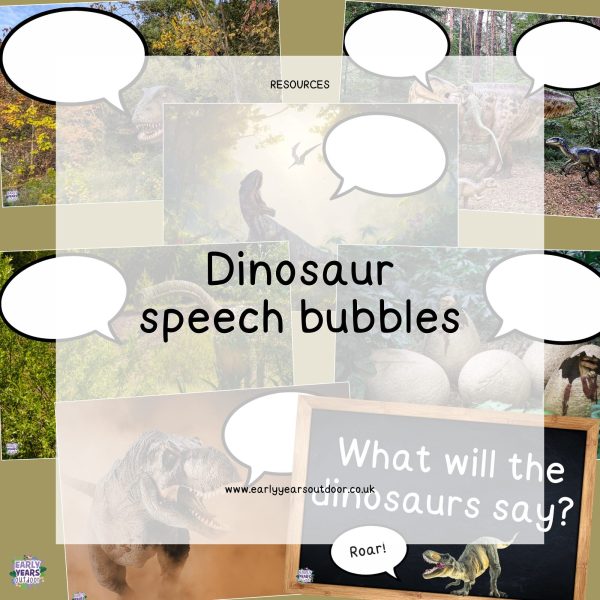 Dinosaur scenes with speech bubbles and a sign