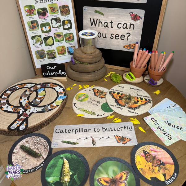 Butterfly observation station set up with magnifiers, pencils, caterpillars and nature