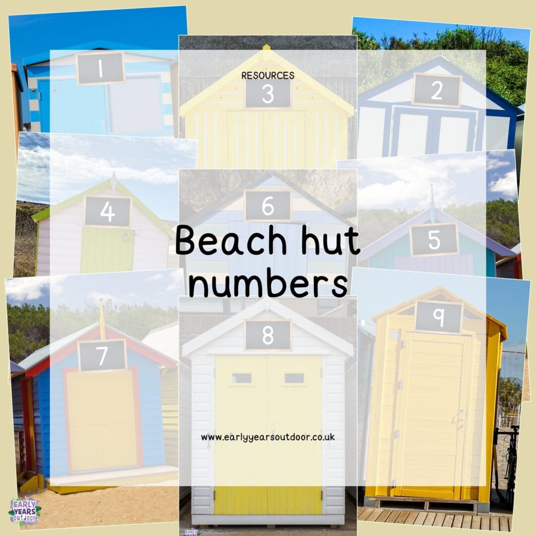 Beach hut images with a number on a blackboard on each beach hut