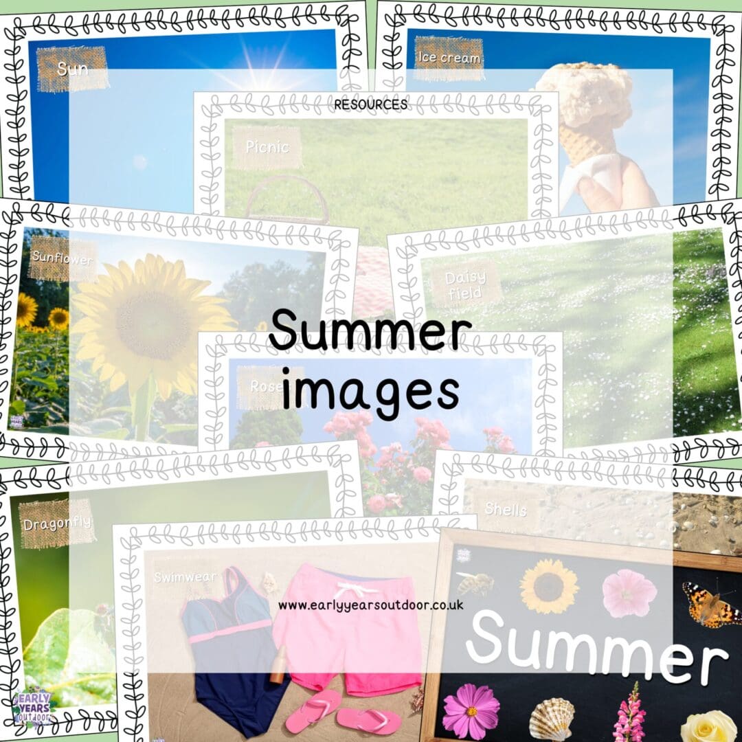 Summer images with labels and a sign