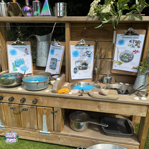 sea and ocean mud kitchen recipes with blue water, pots and pans, nature and utensils