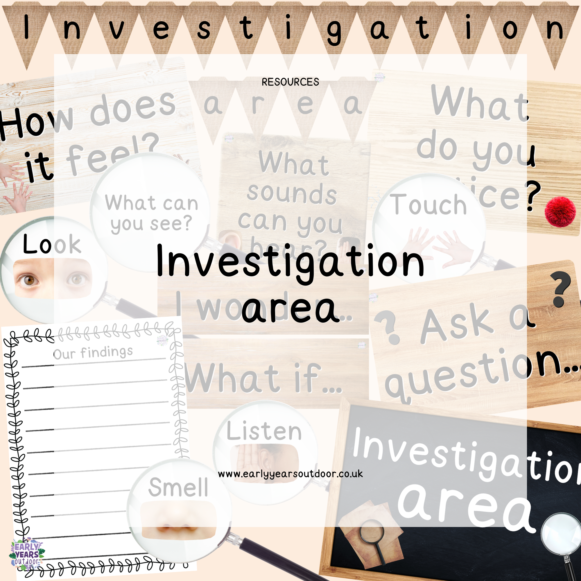 Investigation area signs, bunting and 'our findings' sheet