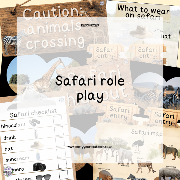 Safari role play with signs, maps, animals through binoculars, tickets and checklists