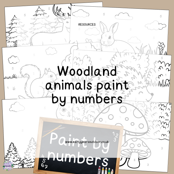 Woodland animals paint by numbers with sign
